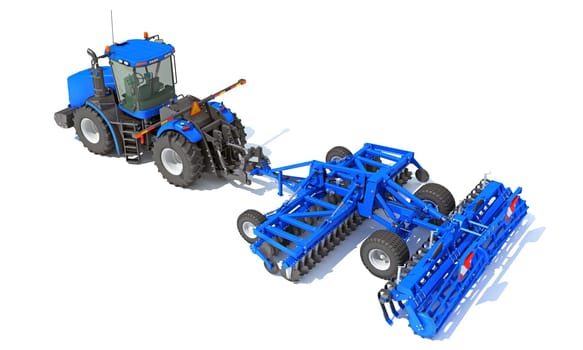 Tractor with Seed Drill farm equipment disc harrow 3D rendering model on white background