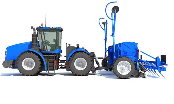 Tractor with Seed Drill farm equipment disc harrow 3D rendering model on white background