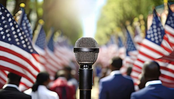 Microphone on a blurred background of the American flags. AI generated
