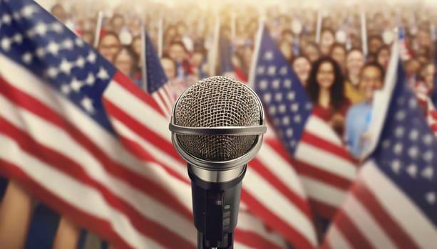 Microphone on a blurred background of the American flags. AI generated