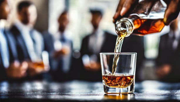 Pouring whiskey from bottle into glasses with blurred business people in background. AI generated