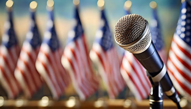 Microphone on a blurred background of the American flags. AI generated