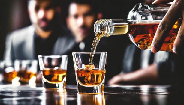 Pouring whiskey from bottle into glasses with blurred business people in background. AI generated