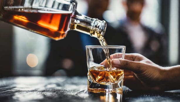 Pouring whiskey from bottle into glasses with blurred business people in background. AI generated