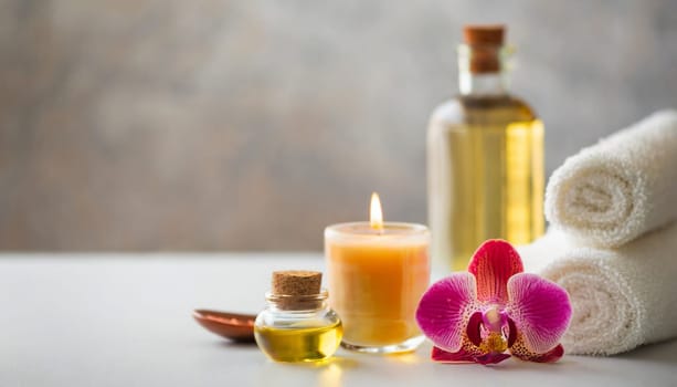 Spa still life with orchids, candles and towels on light background. AI generated