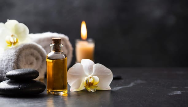 Spa still life with orchids, candles and towels on light background. AI generated
