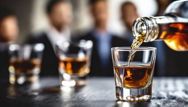 Pouring whiskey from bottle into glasses with blurred business people in background. AI generated