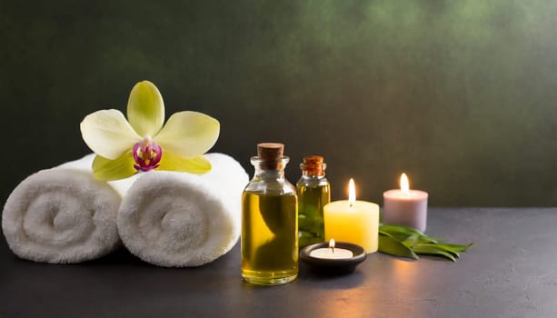 Spa still life with orchids, candles and towels on light background. AI generated