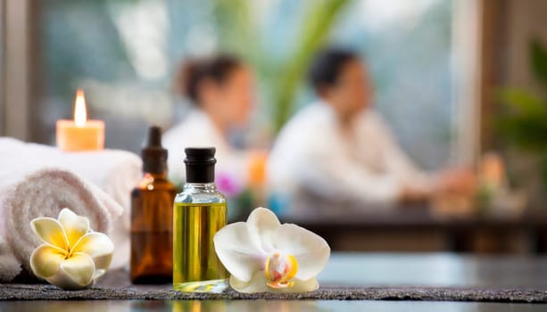 Spa still life with orchids, candles and towels on light background. AI generated