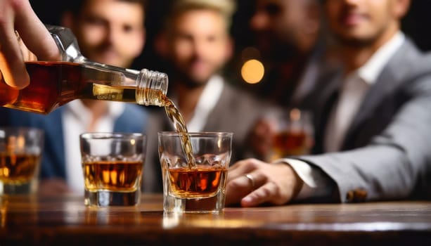 Pouring whiskey from bottle into glasses with blurred business people in background. AI generated
