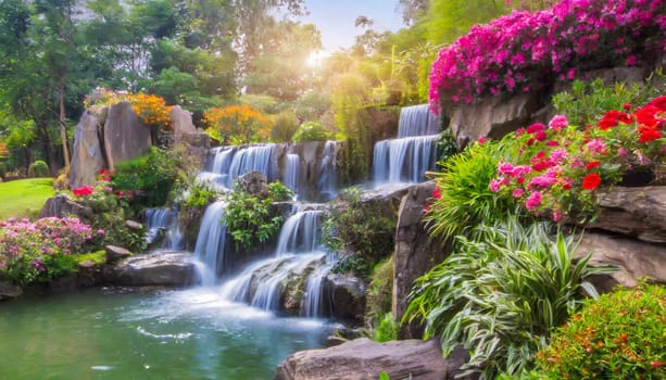 Waterfall in the garden with sunlight, beautiful nature landscape background. AI generated