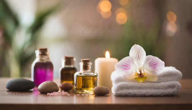 Spa still life with orchids, candles and towels on light background. AI generated