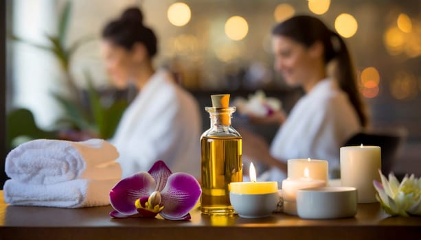 Spa still life with orchids, candles and towels on light background. AI generated