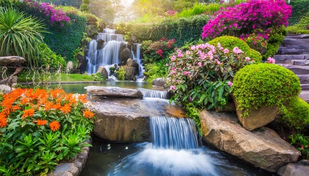 Waterfall in the garden with sunlight, beautiful nature landscape background. AI generated