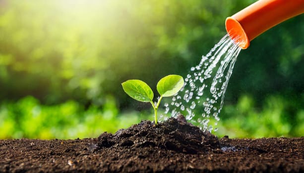 Watering young plant in soil with watering can on green nature background. AI generated