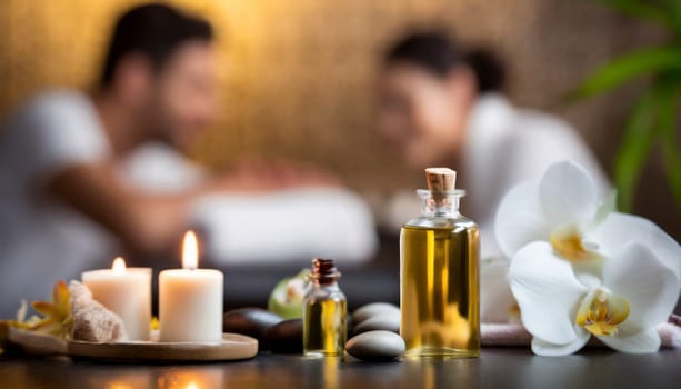 Spa still life with orchids, candles and towels on light background. AI generated
