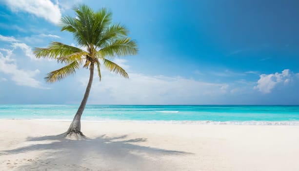 Palm tree on white sand beach with turquoise ocean water. AI generated