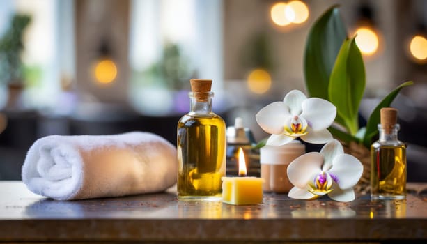Spa still life with orchids, candles and towels on light background. AI generated