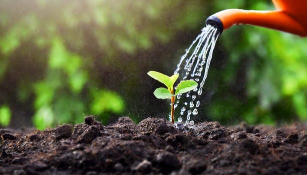 Watering young plant in soil with watering can on green nature background. AI generated