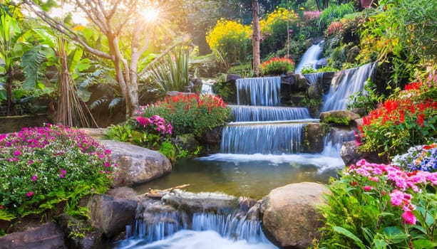 Waterfall in the garden with sunlight, beautiful nature landscape background. AI generated