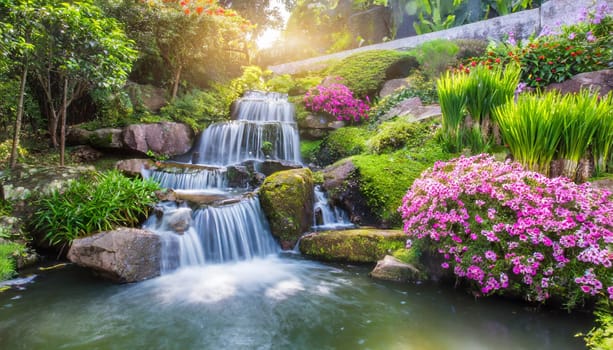 Waterfall in the garden with sunlight, beautiful nature landscape background. AI generated