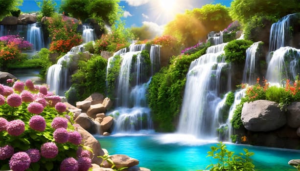 Waterfall in the garden with sunlight, beautiful nature landscape background. AI generated