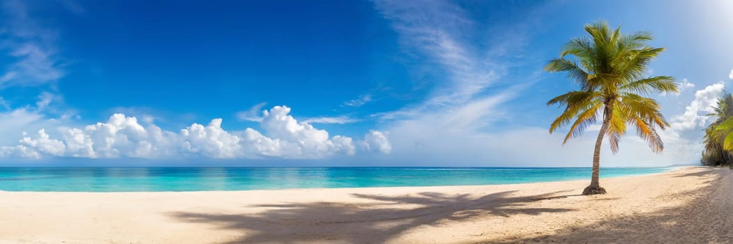 Palm tree on white sand beach with turquoise ocean water. AI generated