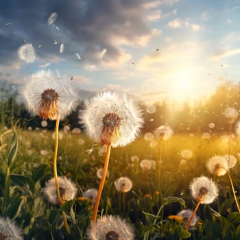 Beautiful dandelions in a meadow generated by artificial intelligence