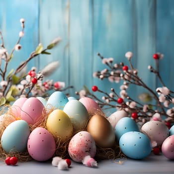 Beautiful background with Easter eggs generated by artificial intelligence