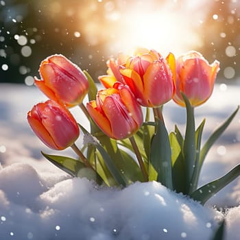Beautiful tulips bloom in the snow generated by artificial intelligence