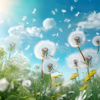 Beautiful dandelions in a meadow generated by artificial intelligence
