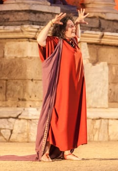 Merida, Spain - Jun 3rd, 2023: Performance of Medea at the Roman Theatre of Merida. Merita Ludica Festival 2023