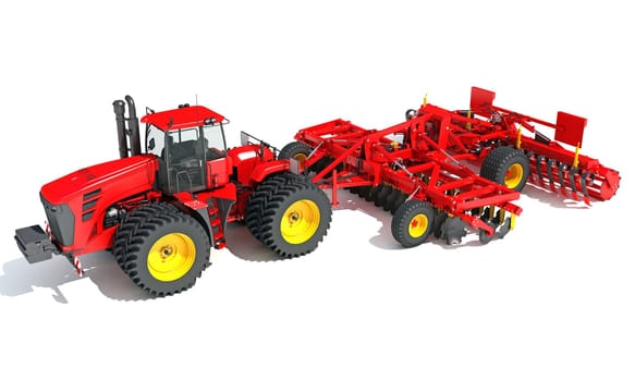Farm Tractor with Compact Disc Harrow 3D rendering model on white background