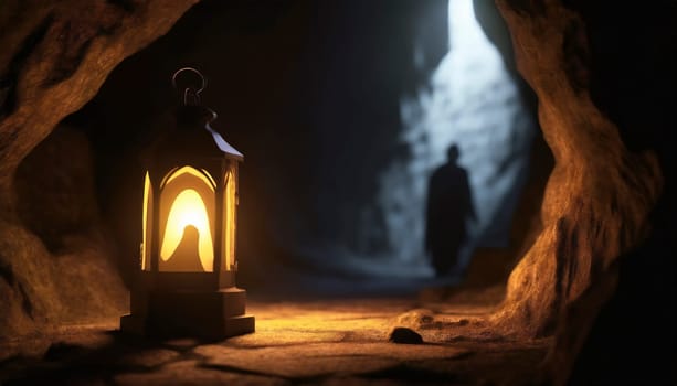 Halloween background with ghost and lantern in cave. Ghost tour adventures. AI generated