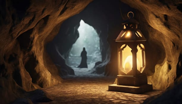 Halloween background with ghost and lantern in cave. Ghost tour adventures. AI generated