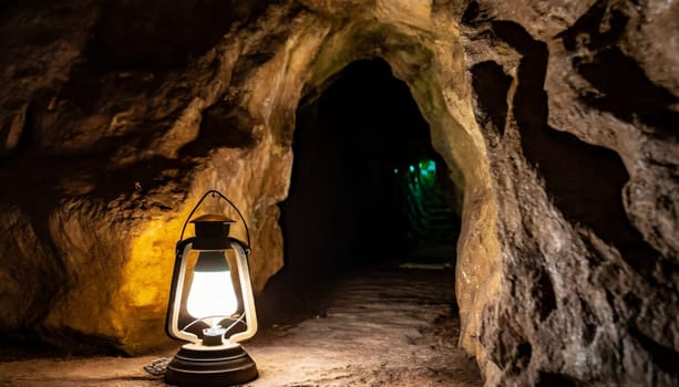 Lantern in a cave. Selective focus. Dark background. AI generated