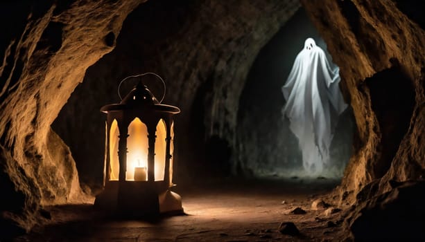 Halloween background with ghost and lantern in cave. Ghost tour adventures. AI generated