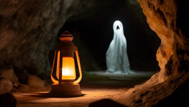 Halloween background with ghost and lantern in cave. Ghost tour adventures. AI generated