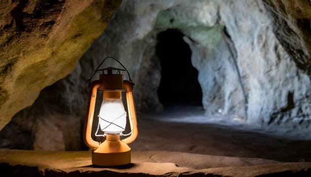 Lantern in a cave. Selective focus. Dark background. AI generated