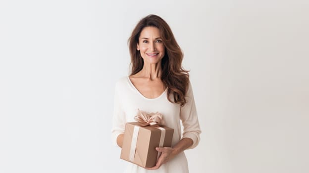 elegant beautiful middle aged woman with gift, ai