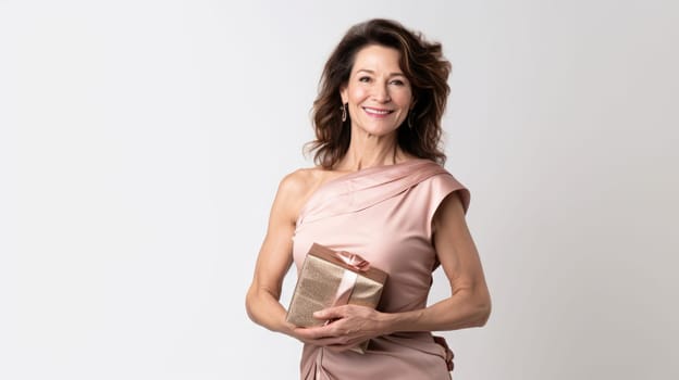 elegant beautiful middle aged woman with gift, ai