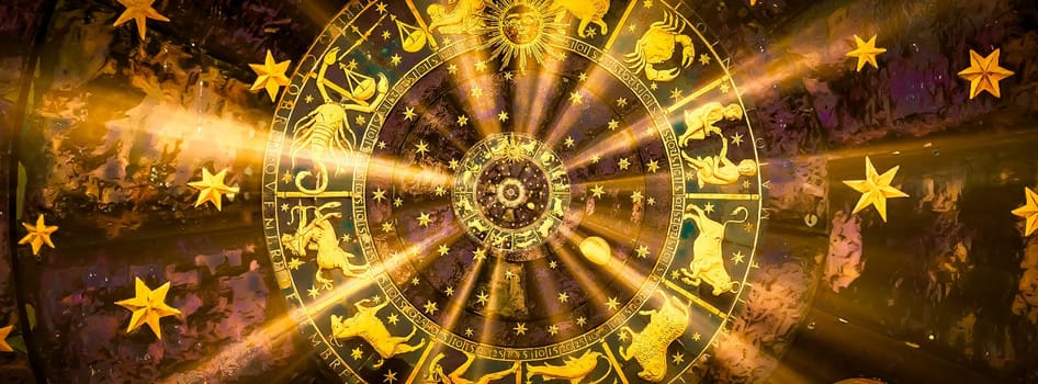 Astrological zodiac background. Vintage illustration art, grunge design. Concept of destiny, fortune, esoteric, magic, mysterious