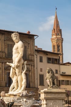 Florence, Italy - Neptune Fountain. Marble sculpture, Renaissance masterpiece, naked Poseidon statue