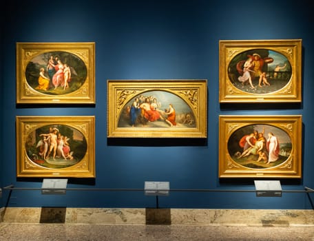 Milan, Italy - 23 September 2023: Brera antique painting museum. Gallery interior, vintage collection