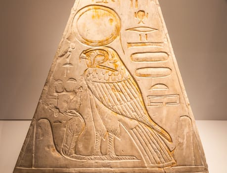 Turin, Italy - March 2023: Egyptian Museum, Pyramidion with Horus falcon - 1279 BC