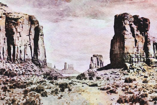 Creative illustration in vintage watercolor design - Monument Valley in USA, red panorama with blue sky