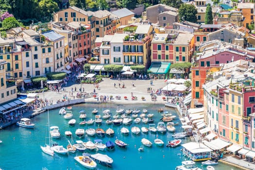 Portofino, Italy - 7 August 2023: scenic panorama with sea and luxury yacht. Italy travel destionation