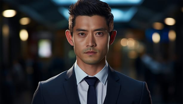 Portrait of successful Asian businessman standing with arms crossed standing in front of modern office buildings in the city. Successful Asia businessman portrait