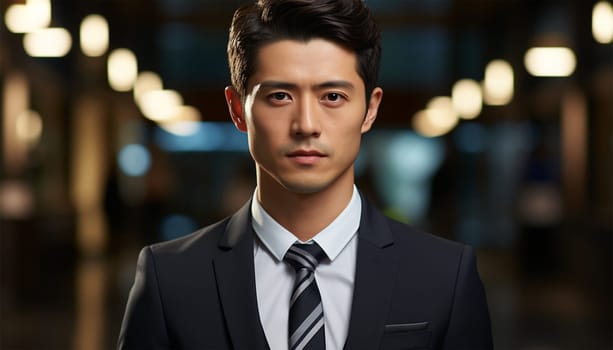 Portrait of successful Asian businessman standing with arms crossed standing in front of modern office buildings in the city. Successful Asia businessman portrait