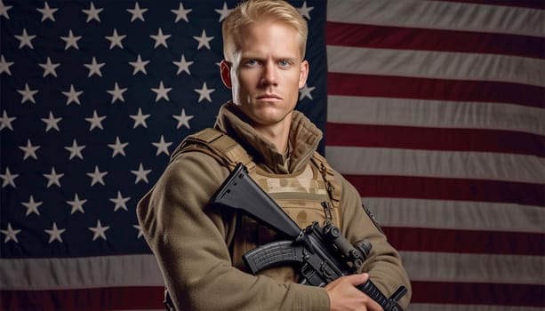 American flag with civilian and weapon. American gun law concept. army concept. Sales of weapons and ammunition. Military industry, war, global arms trade. Shotgun